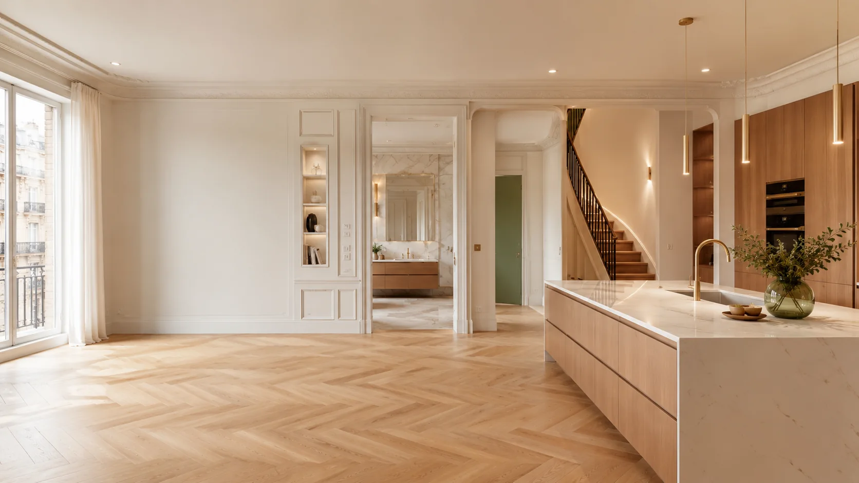 Appartement parisien rénové avec cuisine sur mesure, parquet et finitions haut de gamme