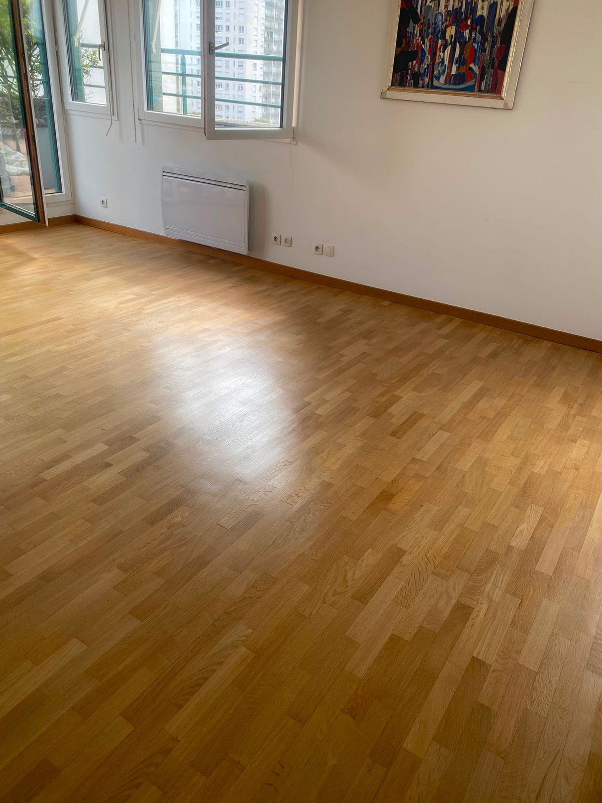 Séjour avec parquet rénové, vue sur Paris 15e