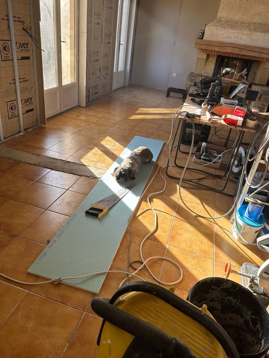 Pose de l'isolant sur un mur de refend en cours de doublage — Isolation et plâtrerie (En cours) | GLOBAL CONSTRUCTION